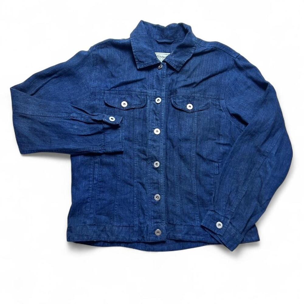 Eddie Bauer 90s Vintage Blue Linen Denim Button Trucker Jacket Womens Medium